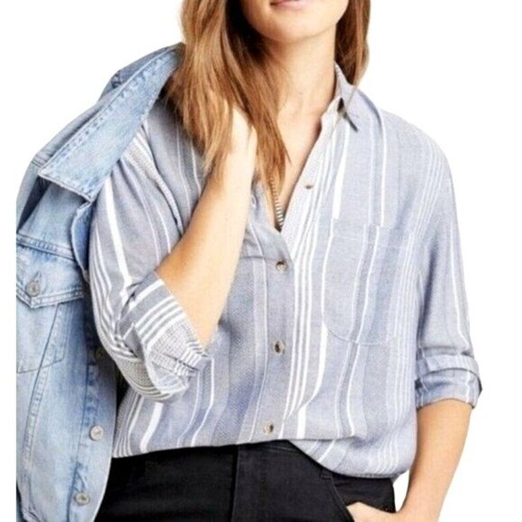 Anthropologie Maeve Shirt Women Small Blue Chatham Striped Button Down Blouse - Picture 1 of 10